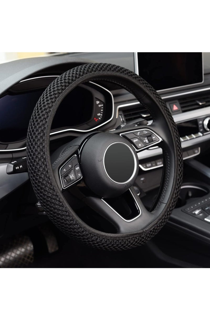 BOBANA 38cm Black Elastic Steering Wheel Cover, Breathable Superfine Fiber Ice Silk, Non-Slip, Odorless, Universal Fit, Car Accessory for All Seasons - Image 1