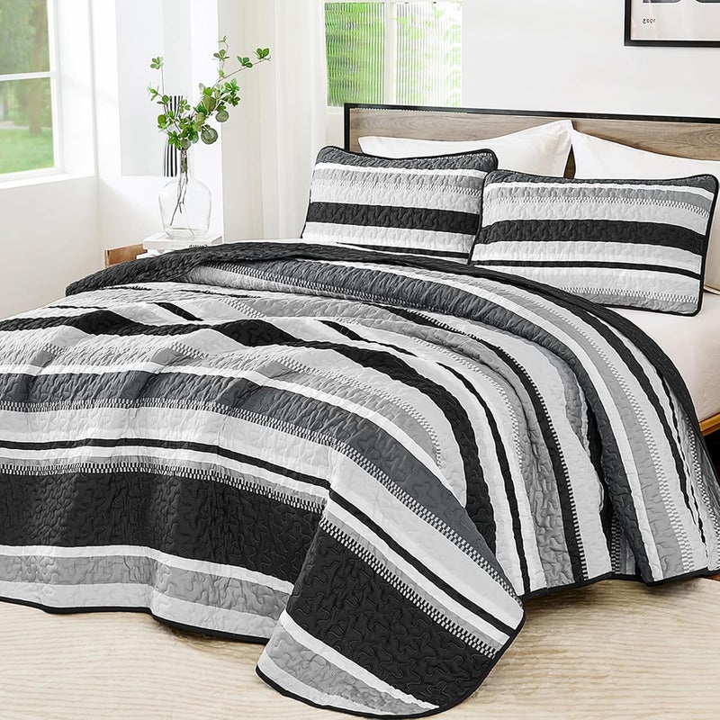 WONGS BEDDING مجموعة بطانيات من WONGS لحجم كوين، تتكون من 3 قطع: غطاء سرير بألوان سوداء مخطوطة، بطانيات خفيفة الوزن للصيف، مقاس 96" × 90". - Image 1