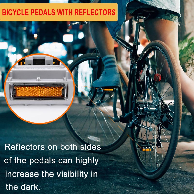 KONG MING CAR Mountain Bike Pedals 9/16 Inch - Bicycle Flat Pedals with Reflectors - Lightweight Aluminum Alloy Wide Platform Pedals for Mountain Bike, BMX, Road Bike Pedals (Sliver) - Image 3
