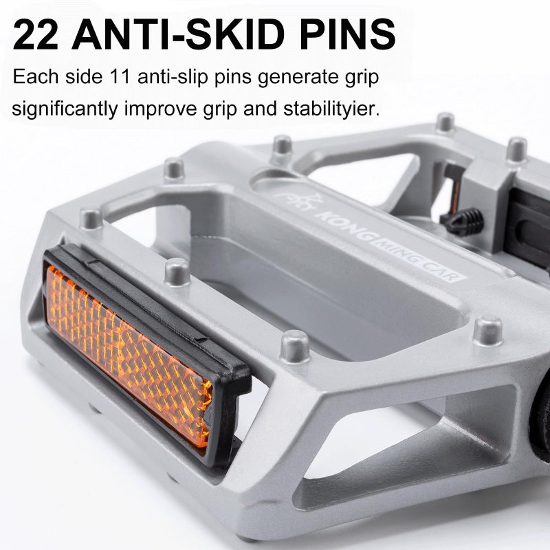 KONG MING CAR Mountain Bike Pedals 9/16 Inch - Bicycle Flat Pedals with Reflectors - Lightweight Aluminum Alloy Wide Platform Pedals for Mountain Bike, BMX, Road Bike Pedals (Sliver) - Image 4