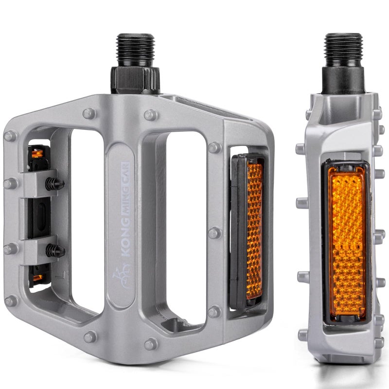 KONG MING CAR Mountain Bike Pedals 9/16 Inch - Bicycle Flat Pedals with Reflectors - Lightweight Aluminum Alloy Wide Platform Pedals for Mountain Bike, BMX, Road Bike Pedals (Sliver) - Image 1