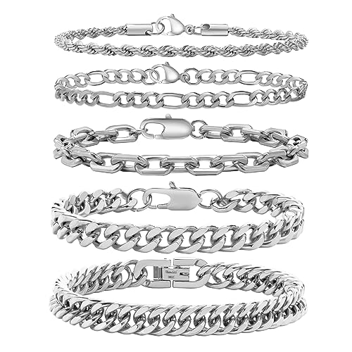 VNOX Silver Chain Bracelets for Men - 5 Pcs Solid Stainless Steel Rope/Figaro/Paperclip/Cuban Link Curb Chunky Chain Bracelet Set Wrist Band for Men Women,7.4 Inches - Image 1