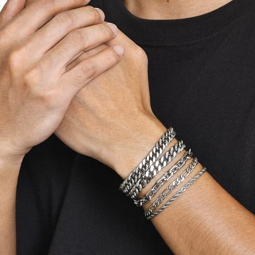VNOX Silver Chain Bracelets for Men - 5 Pcs Solid Stainless Steel Rope/Figaro/Paperclip/Cuban Link Curb Chunky Chain Bracelet Set Wrist Band for Men Women,7.4 Inches - Image 2