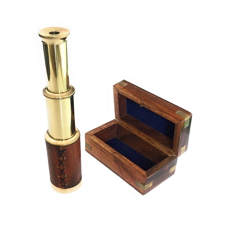 Generic Captain Handcraft 6 Handheld Vintage Brown Leather Brass Telescope with Wood Box Pirate Navigation Collectible - Image 5