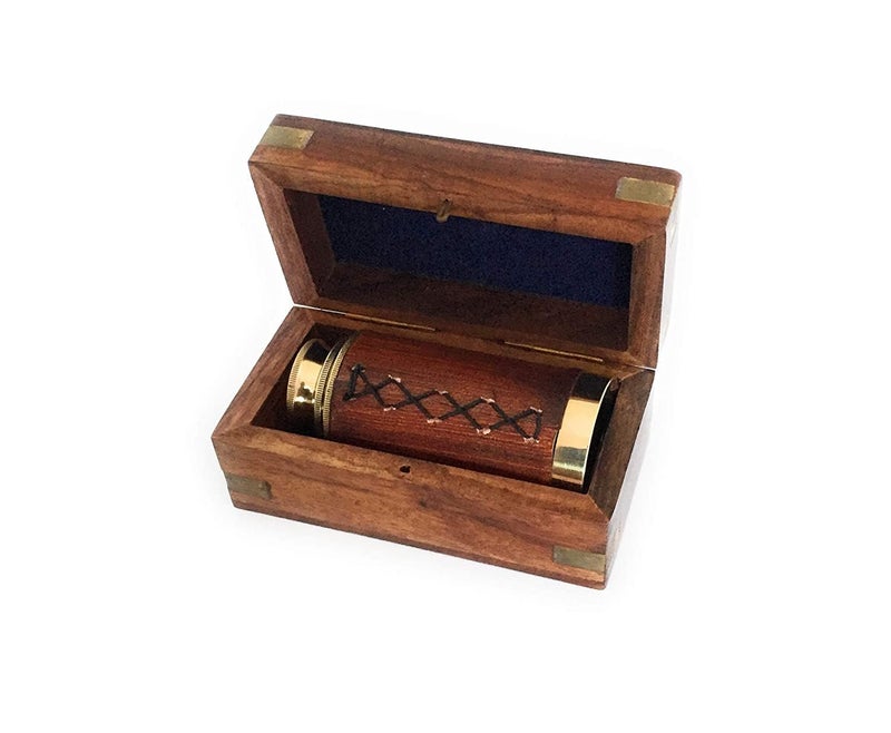 Generic Captain Handcraft 6 Handheld Vintage Brown Leather Brass Telescope with Wood Box Pirate Navigation Collectible - Image 2