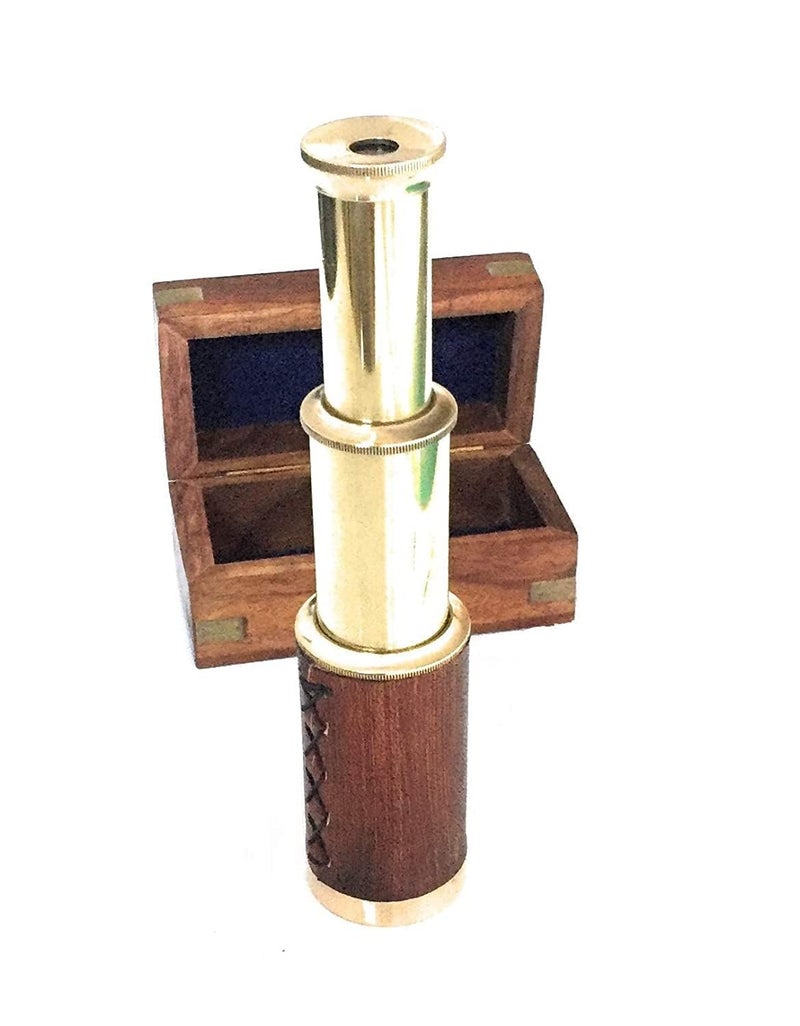 Generic Captain Handcraft 6 Handheld Vintage Brown Leather Brass Telescope with Wood Box Pirate Navigation Collectible - Image 4