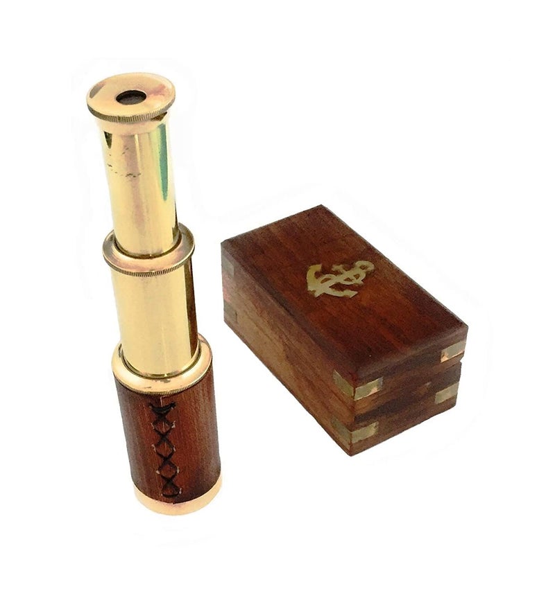 Generic Captain Handcraft 6 Handheld Vintage Brown Leather Brass Telescope with Wood Box Pirate Navigation Collectible - Image 3
