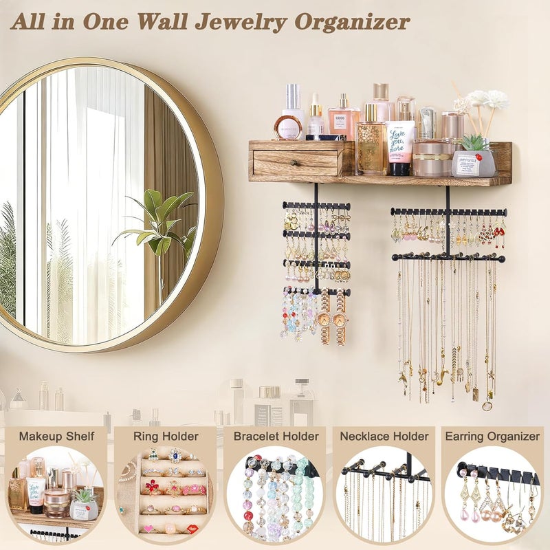 VINAEMO Wall Mounted Jewelry Organizer with Rustic Wood Drawer & Large Capacity Storage Shelf - Image 2