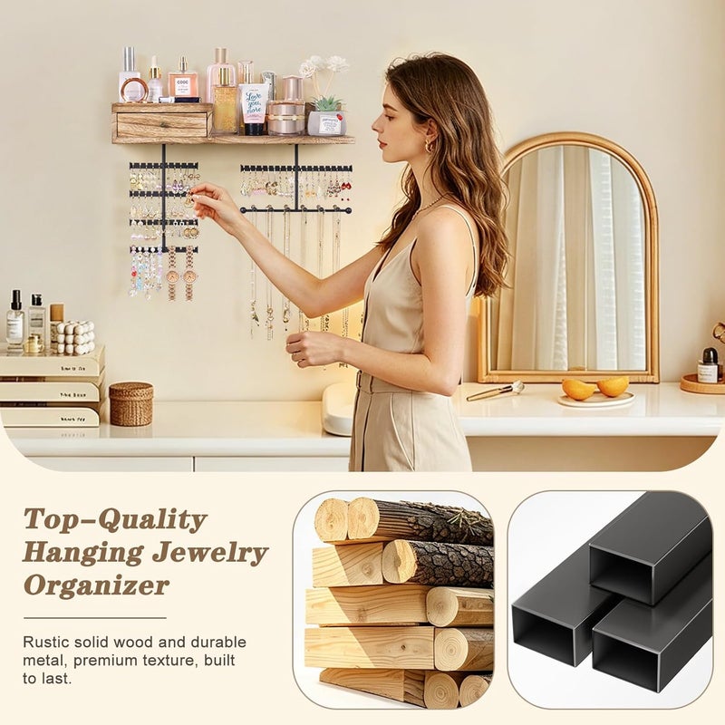 VINAEMO Wall Mounted Jewelry Organizer with Rustic Wood Drawer & Large Capacity Storage Shelf - Image 5