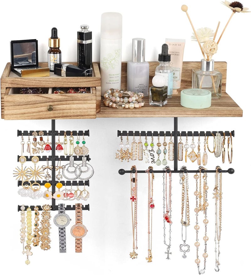 VINAEMO Wall Mounted Jewelry Organizer with Rustic Wood Drawer & Large Capacity Storage Shelf - Image 1