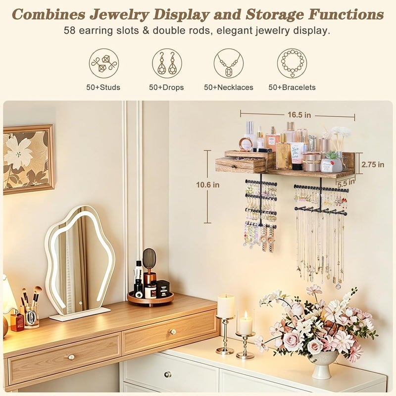 VINAEMO Wall Mounted Jewelry Organizer with Rustic Wood Drawer & Large Capacity Storage Shelf - Image 3
