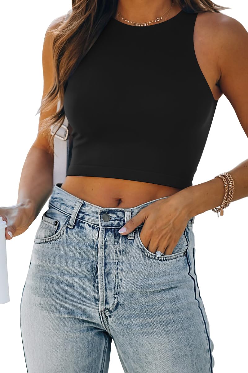 EFAN Womens Sexy Sleeveless Double Lined Crop Tops Workout Cute Tight Racerback Tank Tops Summer Clothes Teen Girls 2025 Black M - Image 1