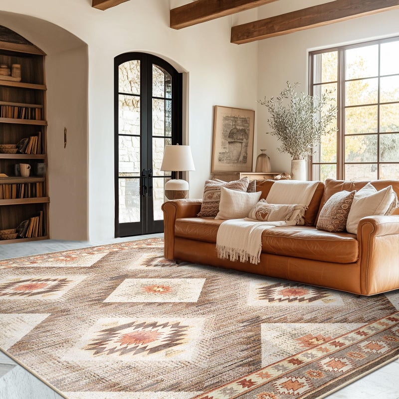 BESTSWEETIE 5x7 Area Rugs  Washable 5x7 Rug  Non Slip Floor Carpet  Low Pile Water Repellent Ultra Soft Moroccan Rugs for Living Room Indoor-Cream/Camel - Image 1