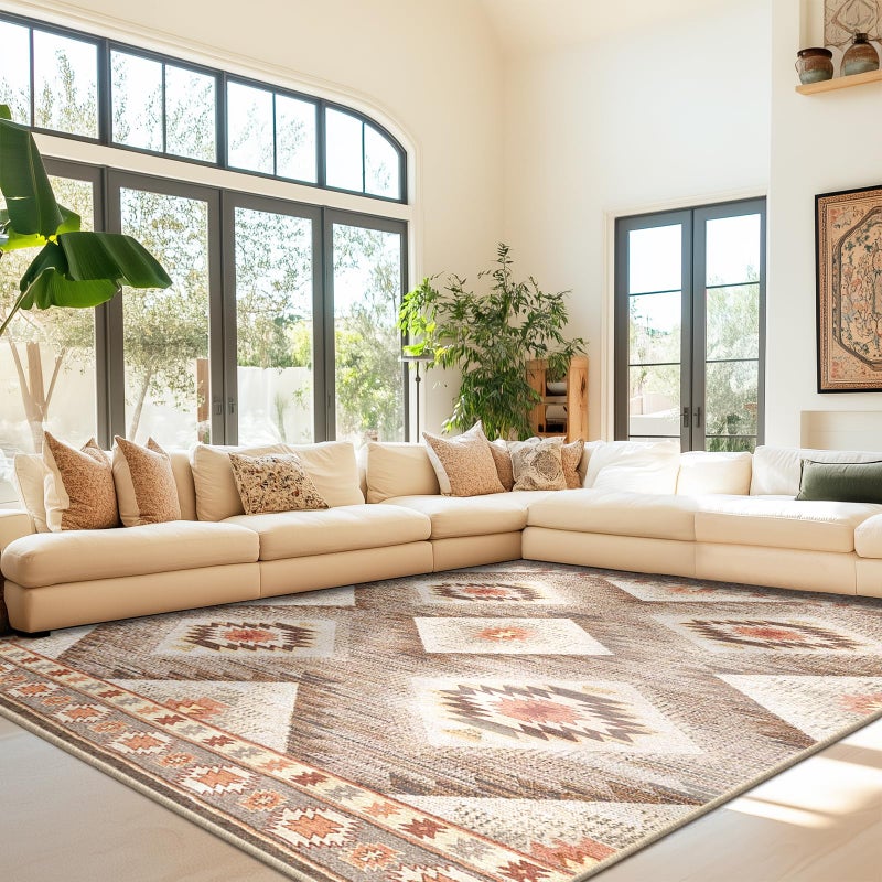 BESTSWEETIE 5x7 Area Rugs  Washable 5x7 Rug  Non Slip Floor Carpet  Low Pile Water Repellent Ultra Soft Moroccan Rugs for Living Room Indoor-Cream/Camel - Image 2