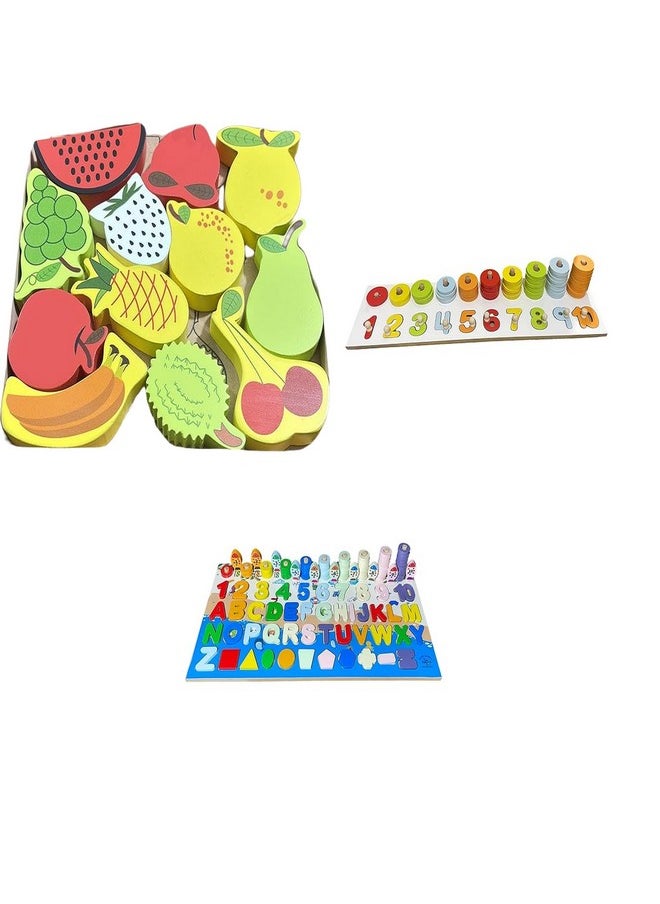 Kinder Creative Kinder Creative 3D Fruits Stacking Puzzle,Peg Number Ring Counting Set,Alphabet & Numeric Magnetic Fishing Game, Educational Puzzle and Toys for Kids Pack of 3  - Image 1
