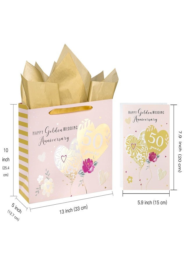 WRAPAHOLIC 13" Large 50th Anniversary Party Gift Bag with Card and Tissue Paper - 50 Years Happy Golden Wedding Anniversary Design - Image 2