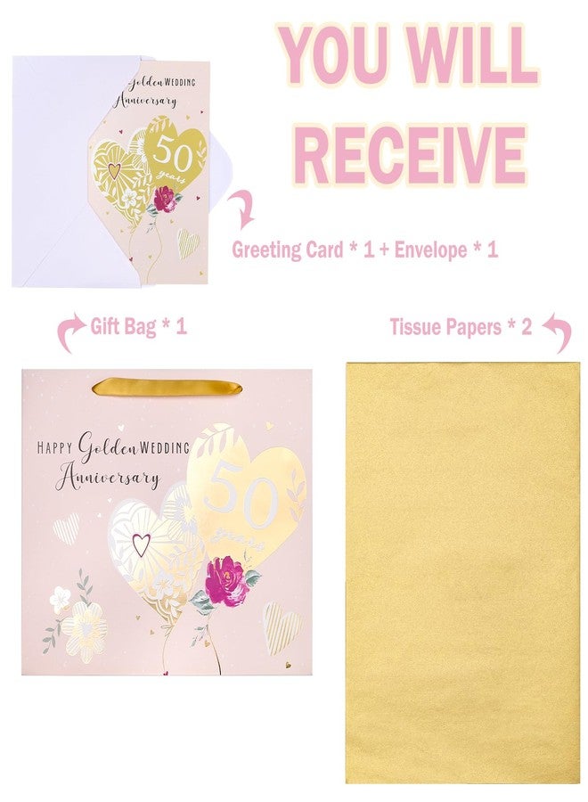 WRAPAHOLIC 13" Large 50th Anniversary Party Gift Bag with Card and Tissue Paper - 50 Years Happy Golden Wedding Anniversary Design - Image 3
