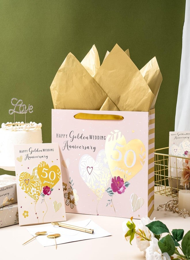WRAPAHOLIC 13" Large 50th Anniversary Party Gift Bag with Card and Tissue Paper - 50 Years Happy Golden Wedding Anniversary Design - Image 4