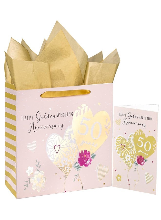 WRAPAHOLIC 13" Large 50th Anniversary Party Gift Bag with Card and Tissue Paper - 50 Years Happy Golden Wedding Anniversary Design - Image 1