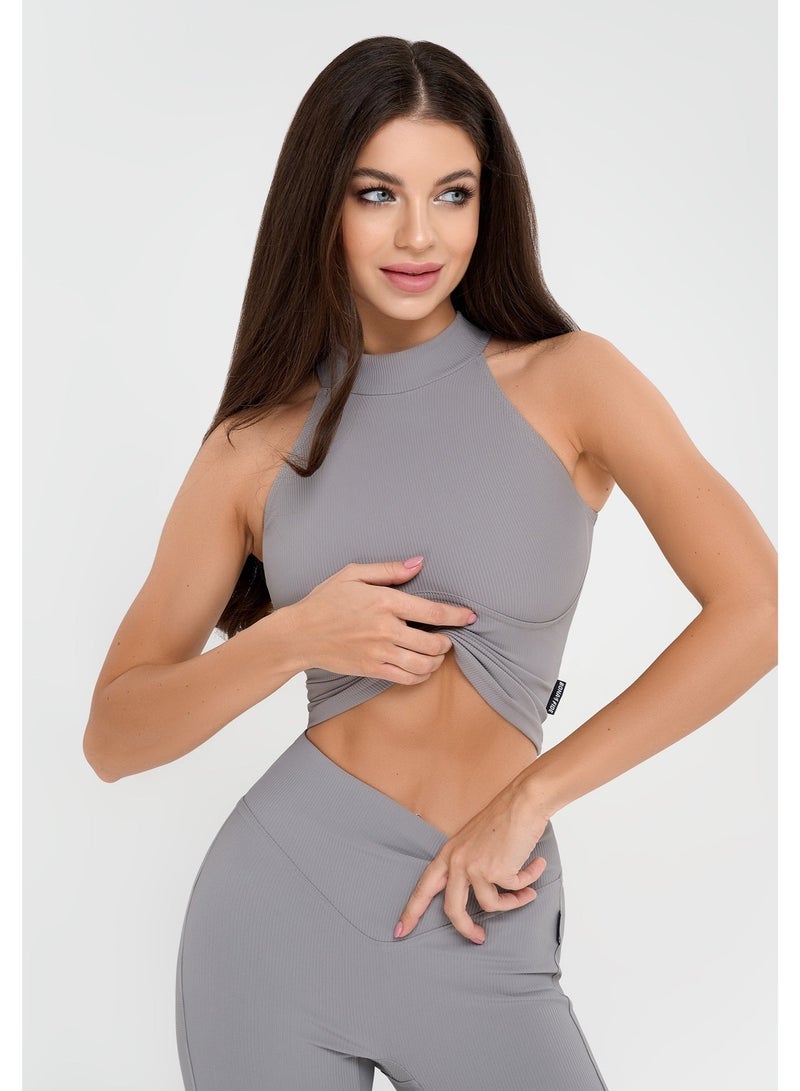 Bona Fide Top Ribbed Grey – Sculpting Sleeveless High-Neck Top - Image 4