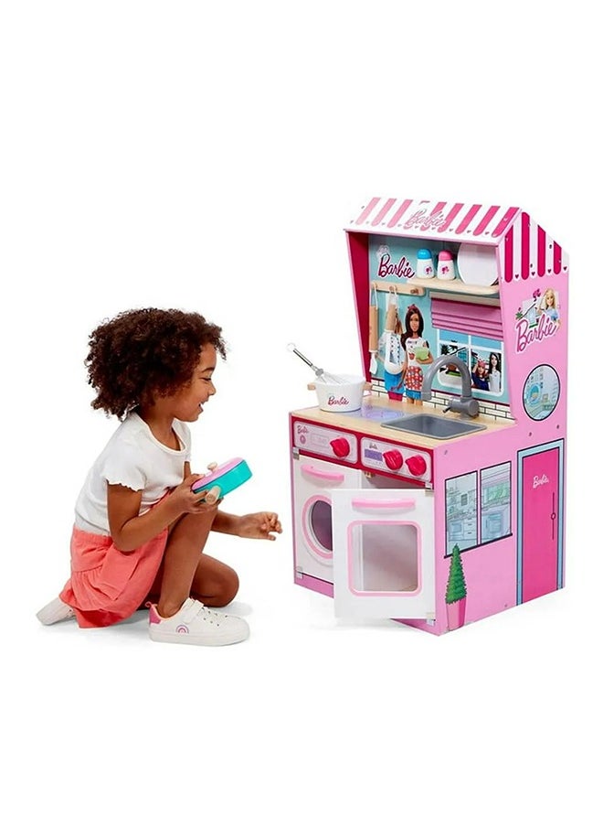 Klein Theo Klein Barbie wood kitchen with integrated dollhouse 2-in-1 I play kitchen with stove, washing machine and accessories I Toys for children aged 3 and over  - Image 1