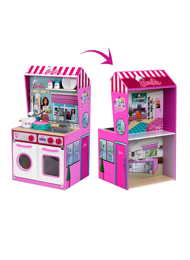 Klein Theo Klein Barbie wood kitchen with integrated dollhouse 2-in-1 I play kitchen with stove, washing machine and accessories I Toys for children aged 3 and over  - Image 2