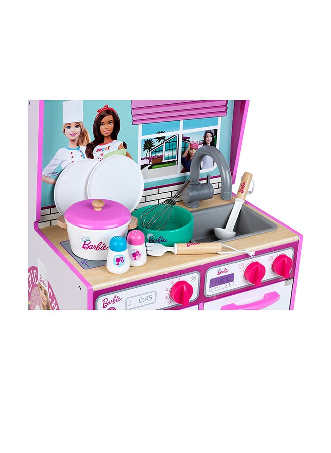 Klein Theo Klein Barbie wood kitchen with integrated dollhouse 2-in-1 I play kitchen with stove, washing machine and accessories I Toys for children aged 3 and over  - Image 5