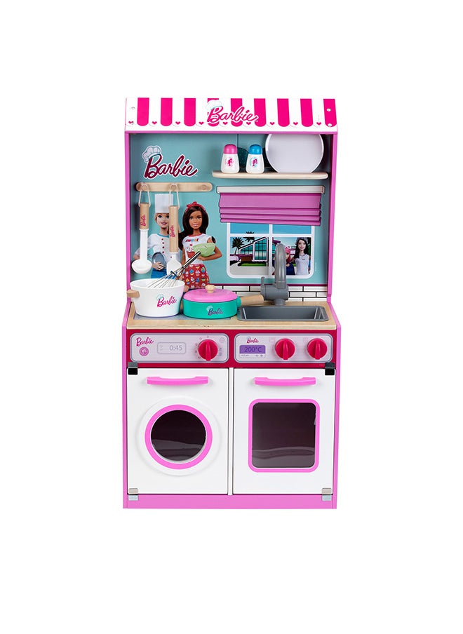 Klein Theo Klein Barbie wood kitchen with integrated dollhouse 2-in-1 I play kitchen with stove, washing machine and accessories I Toys for children aged 3 and over  - Image 3