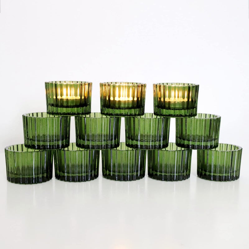 VOHO Green Tealight Candle Holder Set of 12 Glass Candle Holder for Wedding Table Centerpiece Tea Lights Candle Holders Bulk for Home Decor2x 14