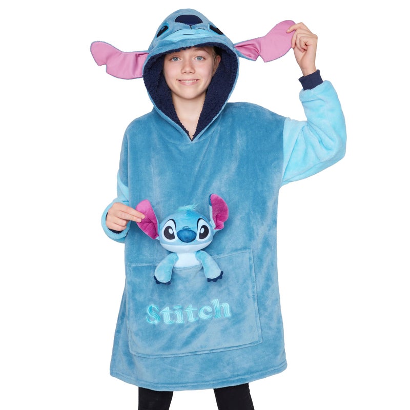 Disney Stitch Fleece Hoodie Blanket with Plush Toy for Teenagers Eeyore Angel Minnie Mouse Kids Oversized Hoodie (Blue Stitch) - Image 1