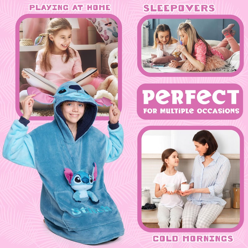 Disney Stitch Fleece Hoodie Blanket with Plush Toy for Teenagers Eeyore Angel Minnie Mouse Kids Oversized Hoodie (Blue Stitch) - Image 4