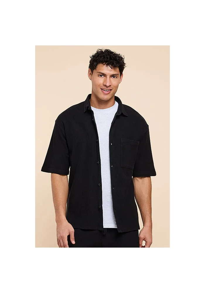 أر أند بي Solid Shirt with Classic Collar and Short Sleeves