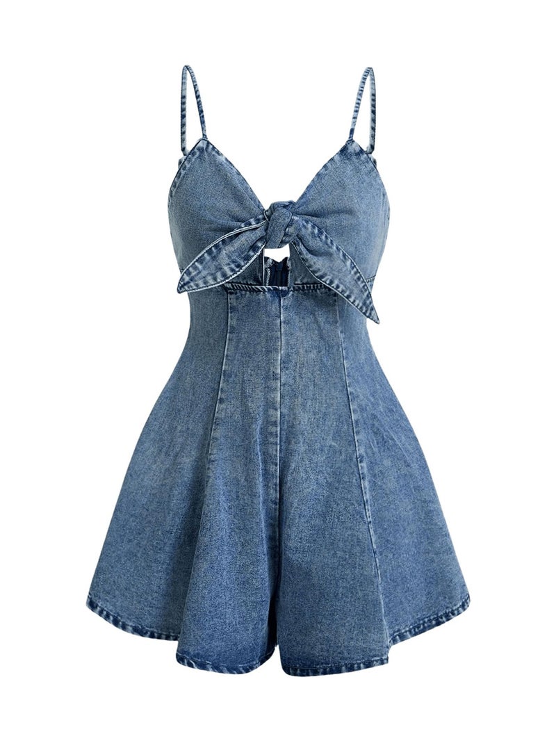 OYOANGLE Women's Vintage Bowknot Spaghetti Strap Denim Romper Sleeveless Wide Leg Jean Short Jumpsuits Light Wash X-Small - Image 1