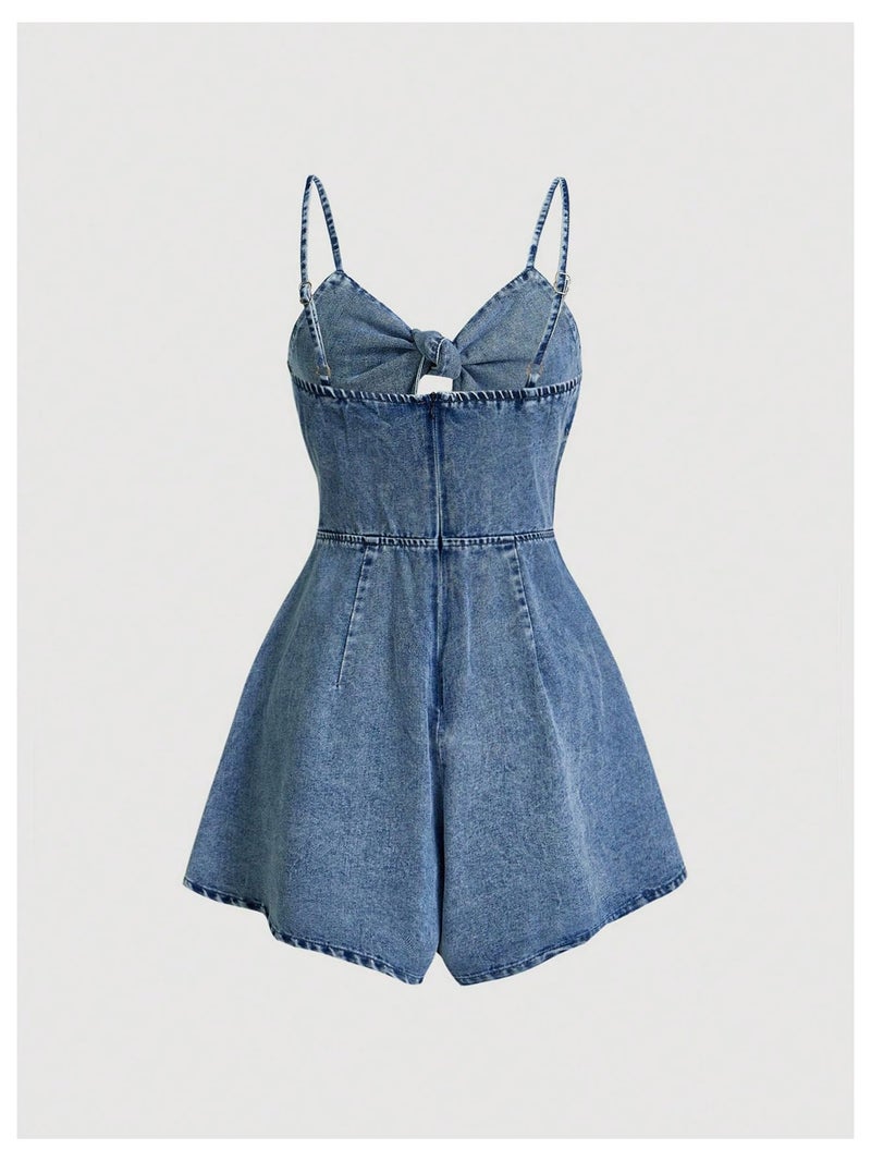 OYOANGLE Women's Vintage Bowknot Spaghetti Strap Denim Romper Sleeveless Wide Leg Jean Short Jumpsuits Light Wash X-Small - Image 2