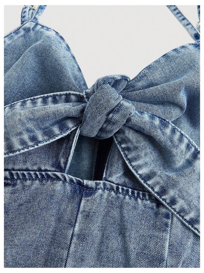 OYOANGLE Women's Vintage Bowknot Spaghetti Strap Denim Romper Sleeveless Wide Leg Jean Short Jumpsuits Light Wash X-Small - Image 3