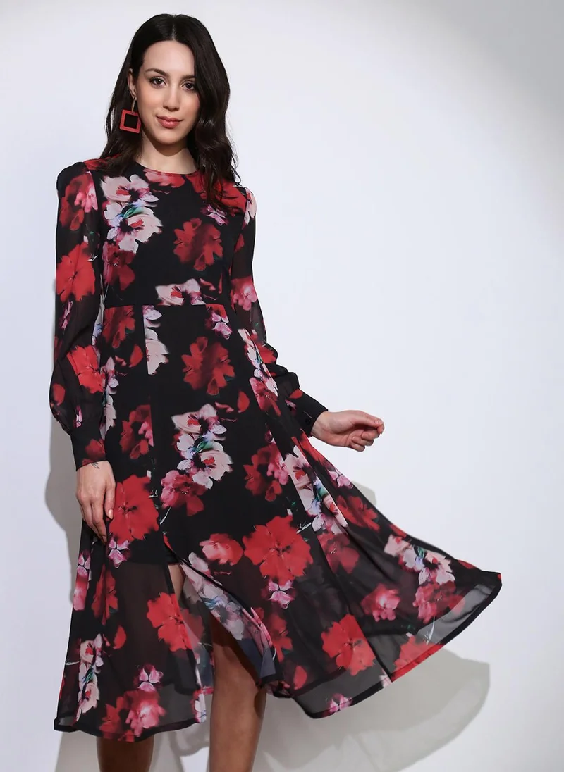 Globus Globus Women Black Floral Print Round Neck Cuffed Sleeve Side Slits Fit & Flared Midi Dress
