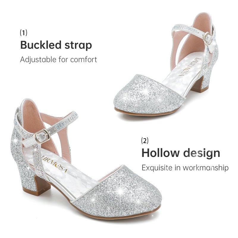 LAURMOSA Heels for Girls Silver Dress Shoes Girl Sandals for Wedding Party Dinner Closed Toe Low Chunky Block Ankle Strap Pump Shoes for Little Big Kids(L1013Silver 2) - Image 5