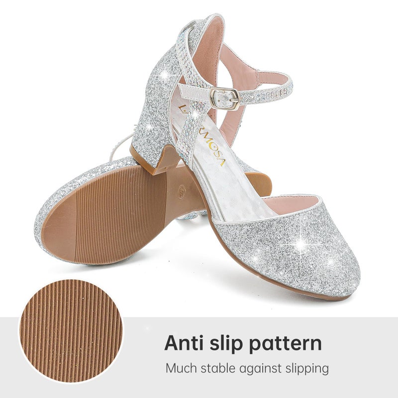 LAURMOSA Heels for Girls Silver Dress Shoes Girl Sandals for Wedding Party Dinner Closed Toe Low Chunky Block Ankle Strap Pump Shoes for Little Big Kids(L1013Silver 2) - Image 4