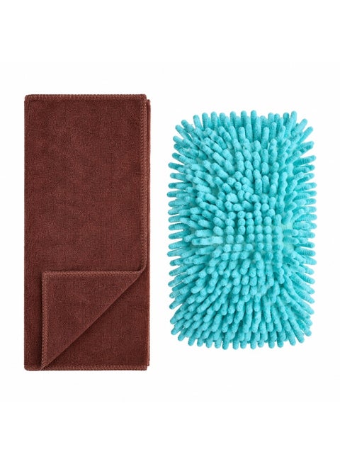 (Set of 2) Car Cleaning Kit – Microfiber Cloth 40x40 cm & Car Wash Sponge 20x11 cm – Ultra Absorbent Scratch-Free Wash & Dry Kit for Car, Home, Kitchen & Office - Brown & Teal Blue