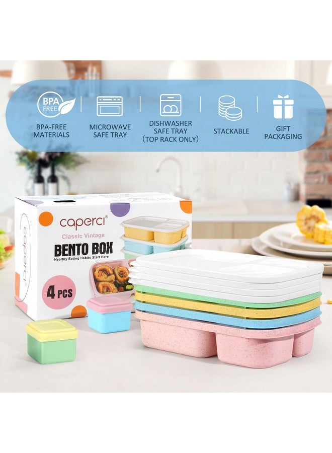 Caperci Bento Lunch Box Containers for Adults & Kids - 3-Compartment Reusable Meal Prep Containers with 2 Sauce Containers for School, Work, Travel, Wheat Straw, 4-Pack (Vintage Colors) - Image 3