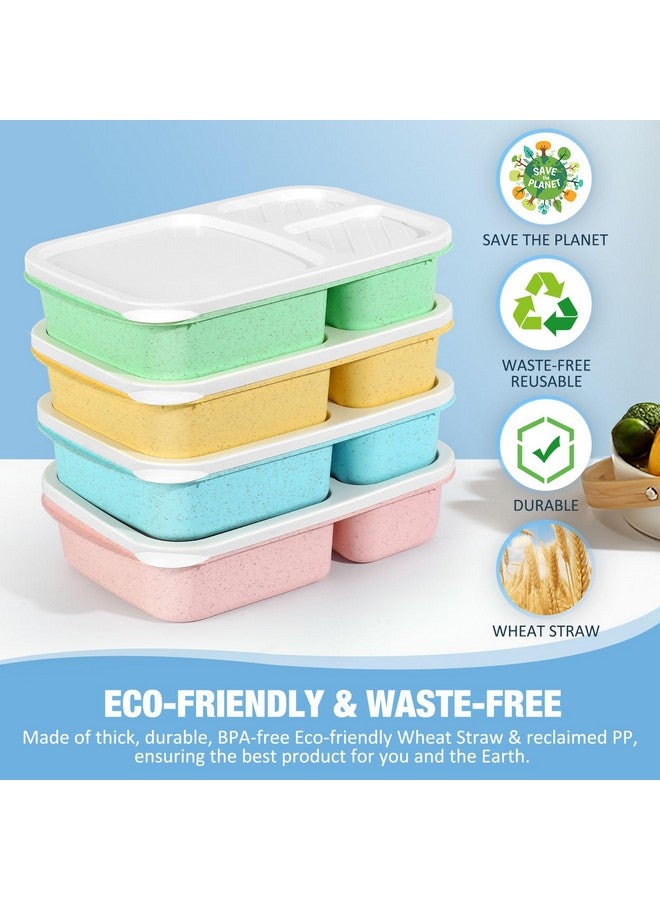 Caperci Bento Lunch Box Containers for Adults & Kids - 3-Compartment Reusable Meal Prep Containers with 2 Sauce Containers for School, Work, Travel, Wheat Straw, 4-Pack (Vintage Colors) - Image 2