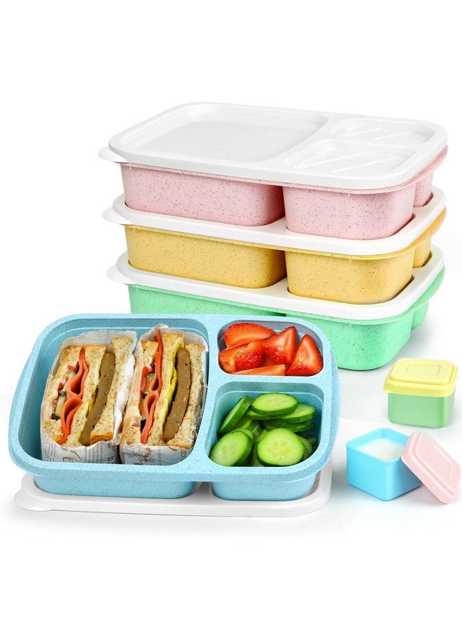 Caperci Bento Lunch Box Containers for Adults & Kids - 3-Compartment Reusable Meal Prep Containers with 2 Sauce Containers for School, Work, Travel, Wheat Straw, 4-Pack (Vintage Colors) - Image 1