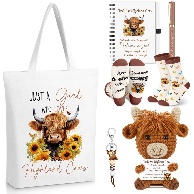 PullCrease 6 Pcs Highland Cow Gifts for Women, Positive Knitted Cow & Just a Girl Who Loves Cows Canvas Bag Socks Highland Cows Keyring Notebook for Birthday Gifts, Christmas Positive Graduation Gift - Image 1