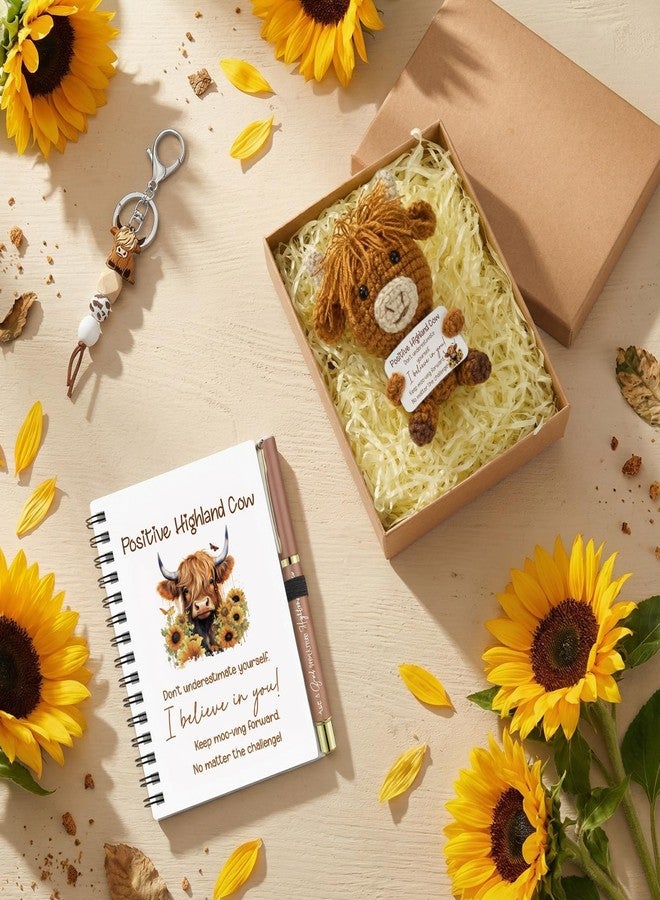 PullCrease 6 Pcs Highland Cow Gifts for Women, Positive Knitted Cow & Just a Girl Who Loves Cows Canvas Bag Socks Highland Cows Keyring Notebook for Birthday Gifts, Christmas Positive Graduation Gift - Image 2