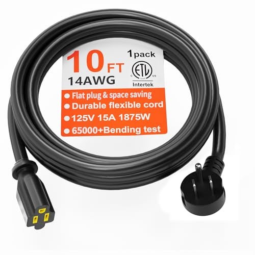 HUANCHAIN 14 Gauge 10 FT Flat Plug Extension Cord Black Indoor Outdoor, Heavy Duty 3 Prong Grounded Low Profile Extension Wire Flexible, 15A 1875W 125V 14AWG SJTW, ETL Listed - Image 1