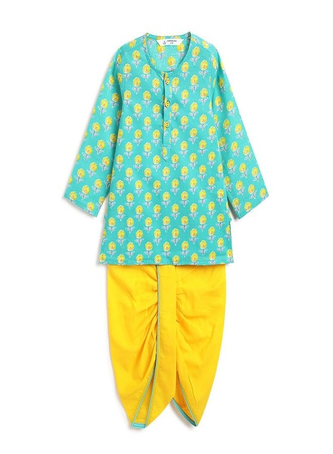 Campana Kurta Set For Boys, Dhoti Set For Kids, Printed, 100% Cotton, Turquoise Blue Kurta Dhoti Set For Boys, For 3 Months - 3 Year Old, CK159020_12-18M - Image 1
