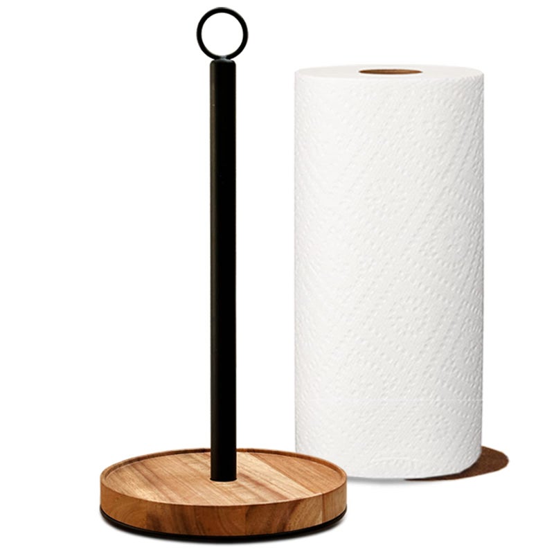 Wildmos Paper Towel Holder Countertop Solid Acacia Wood With Thick Metal Base Black Paper Towel Holder For Farmhouse Kitchen Wooden Paper Towel Holder Stand. - Image 1