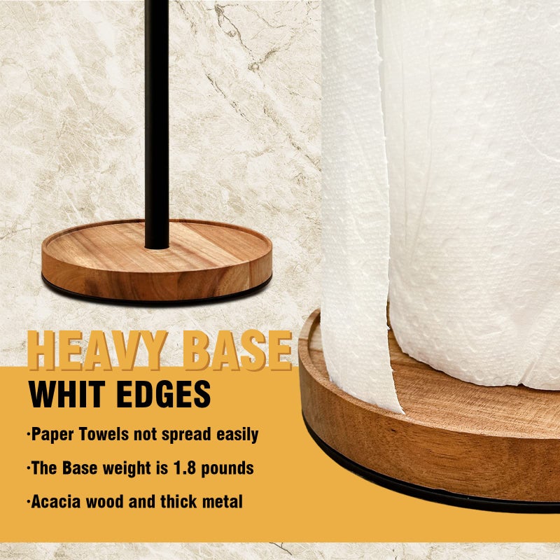 Wildmos Paper Towel Holder Countertop Solid Acacia Wood With Thick Metal Base Black Paper Towel Holder For Farmhouse Kitchen Wooden Paper Towel Holder Stand. - Image 2