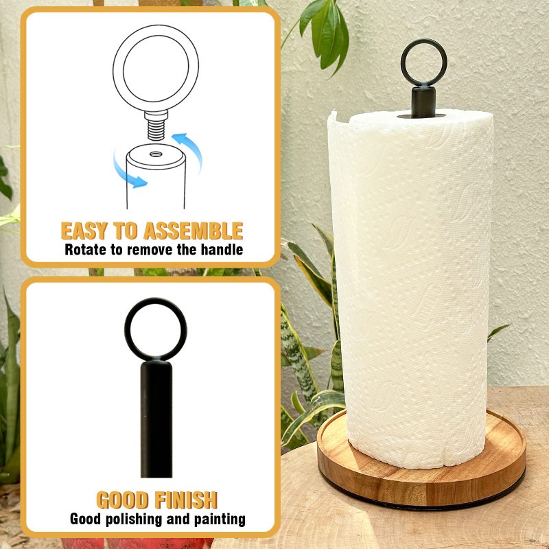 Wildmos Paper Towel Holder Countertop Solid Acacia Wood With Thick Metal Base Black Paper Towel Holder For Farmhouse Kitchen Wooden Paper Towel Holder Stand. - Image 4