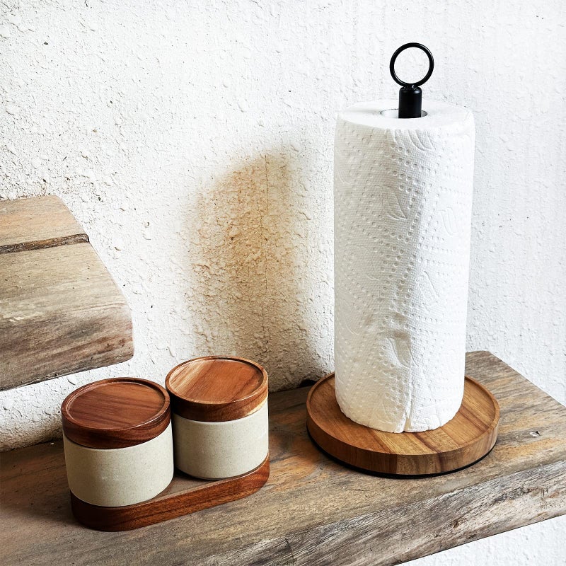 Wildmos Paper Towel Holder Countertop Solid Acacia Wood With Thick Metal Base Black Paper Towel Holder For Farmhouse Kitchen Wooden Paper Towel Holder Stand. - Image 5